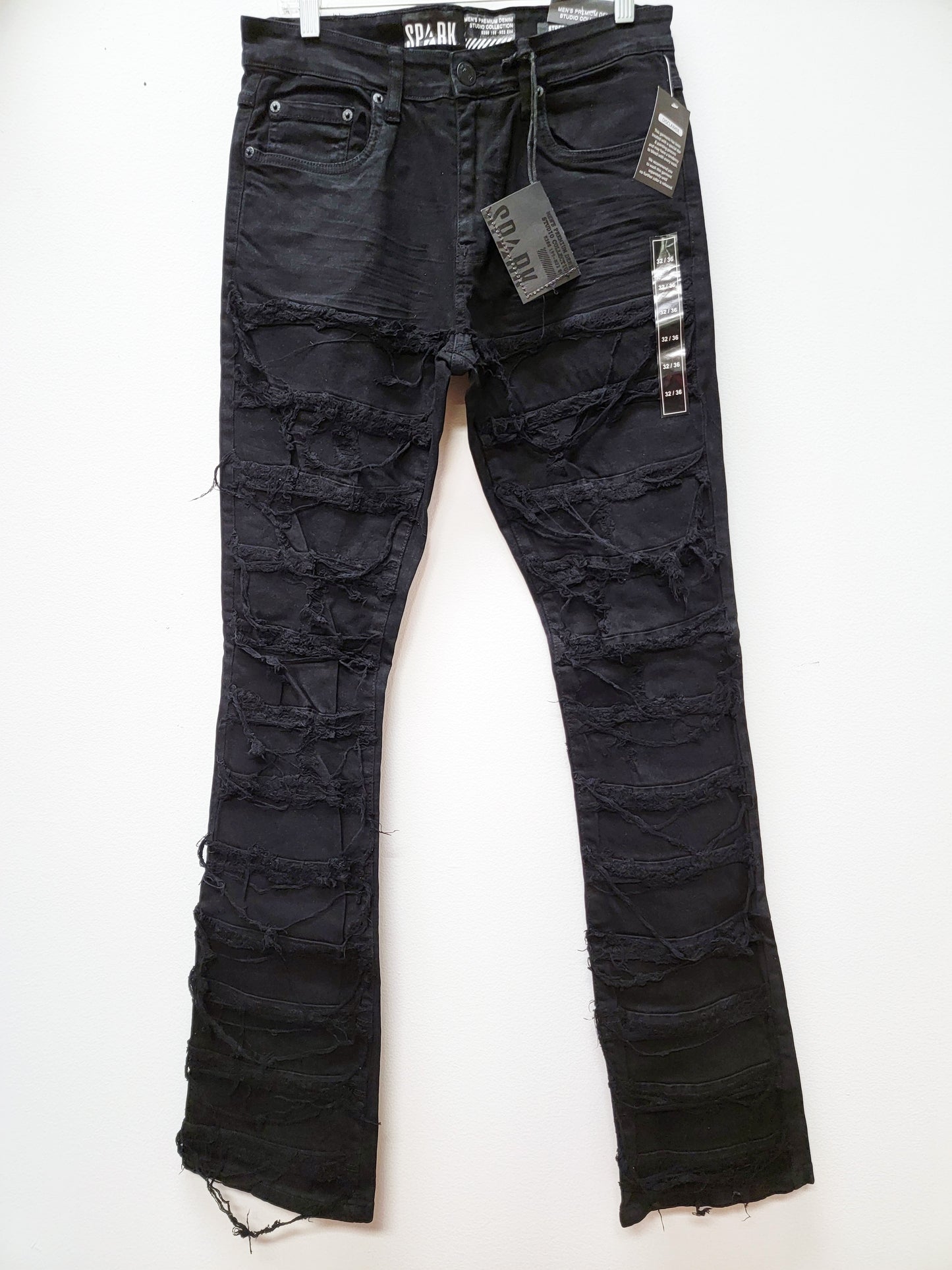 SPARK Frayed Edge Distressed Stacked Jeans Jet Black