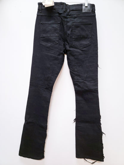 SPARK Frayed Edge Distressed Stacked Jeans Jet Black