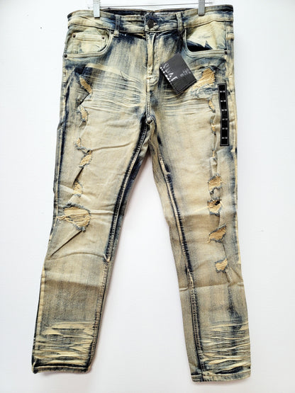 SPARK Slim Distressed Denim Jeans Dark Indigo Color