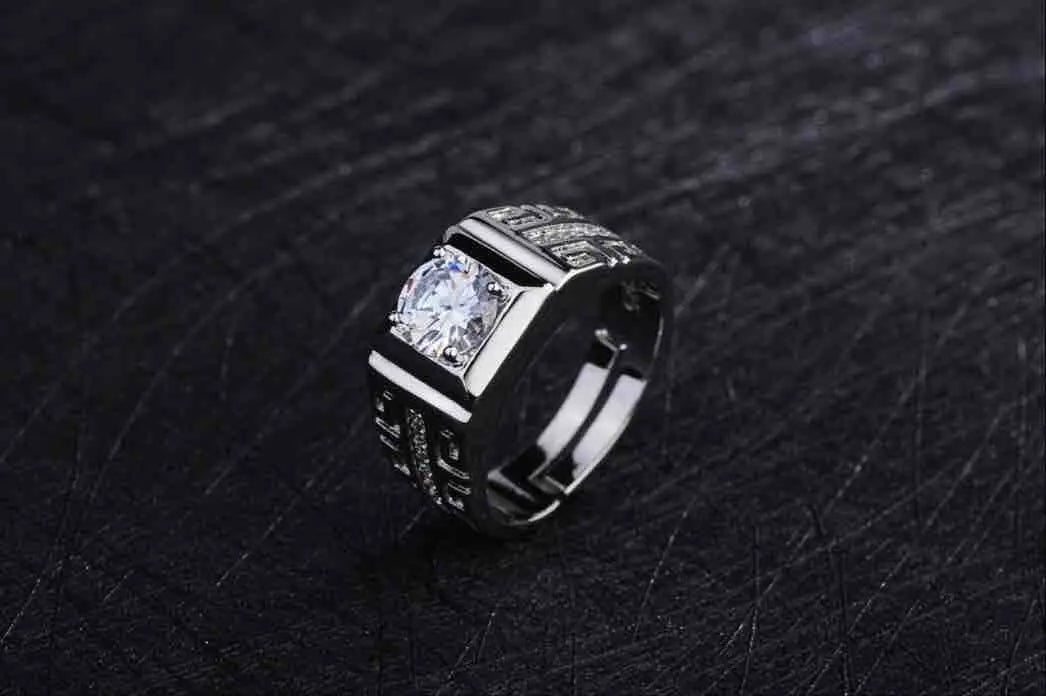 Men's 925 sterling silver ring with adjustable crystal