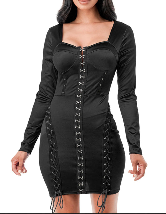 Padded Bra Cups Long Sleeve Mini Dress - Black